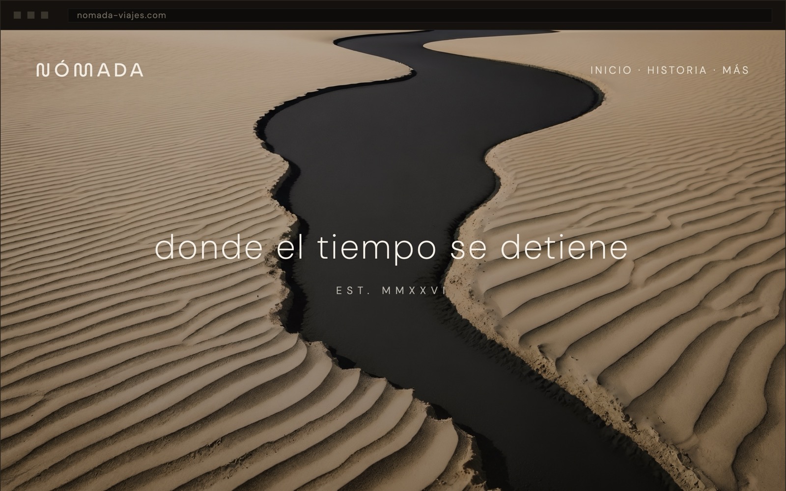 A travel website with a beautiful dune photo and the line 'where time stands still', without explaining what it offers
