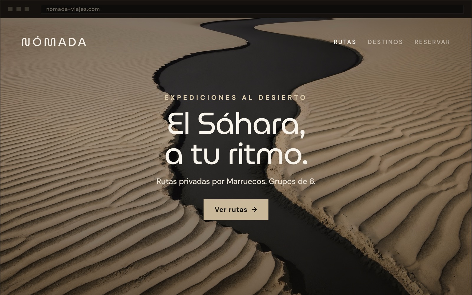 The same website, now clear: 'The Sahara, at your pace · Private routes through Morocco' with a See routes button