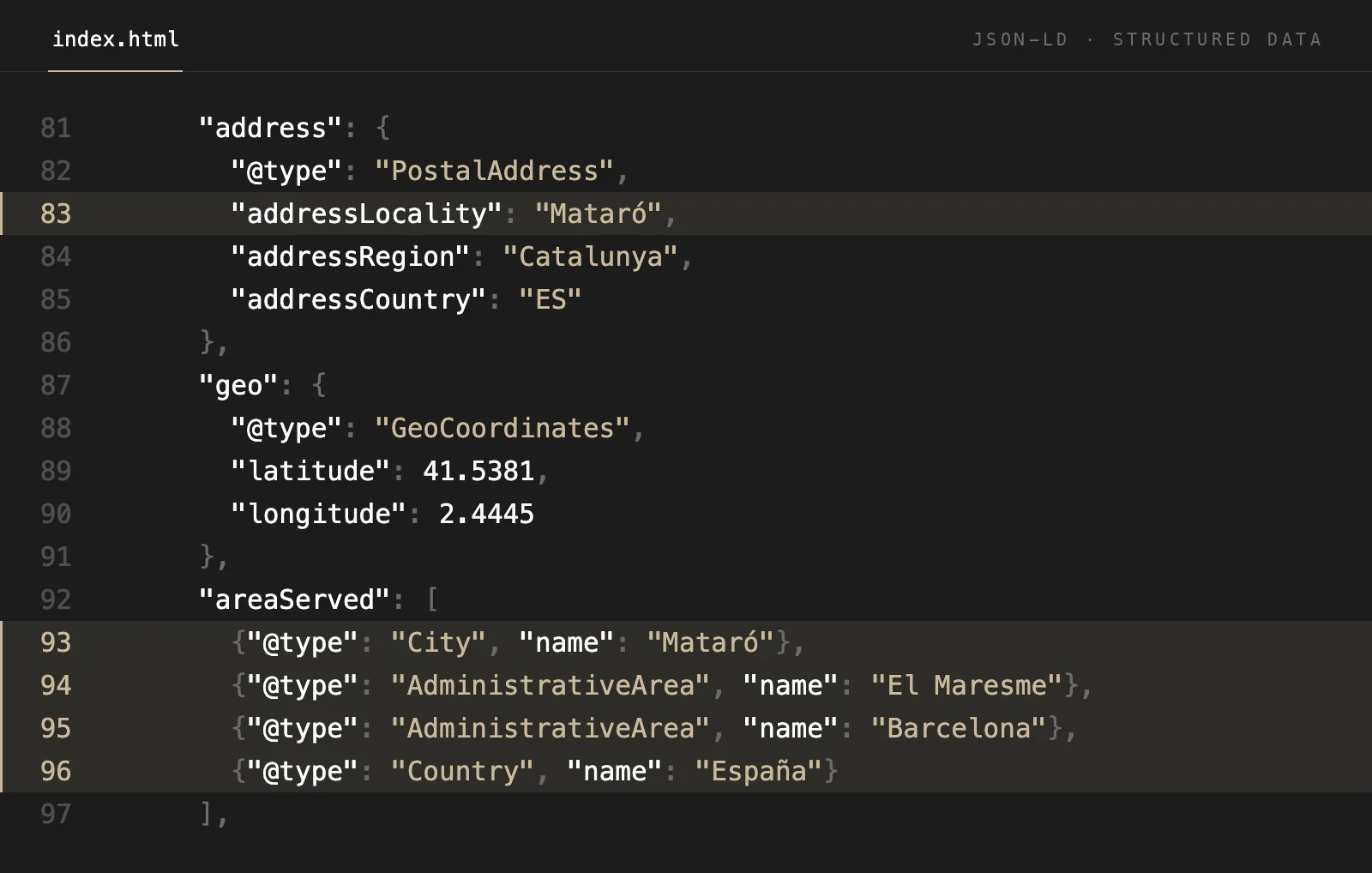 Code excerpt from onaiastudio.com: structured data with the Mataró address, the coordinates and the areas Onaia Studio serves: Mataró, El Maresme, Barcelona and Spain